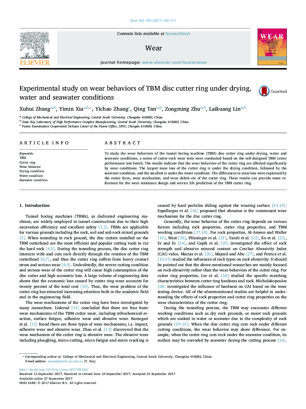 Experimental study on wear behaviors of TBM disc cutter ring under drying, water and seawater conditions