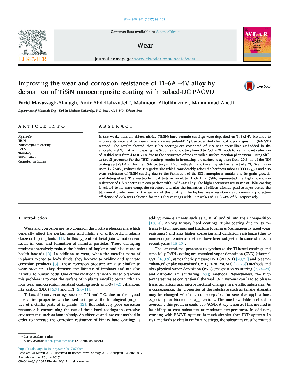 Improving the wear and corrosion resistance of Ti-6Al-4V alloy by deposition of TiSiN nanocomposite coating with pulsed-DC PACVD