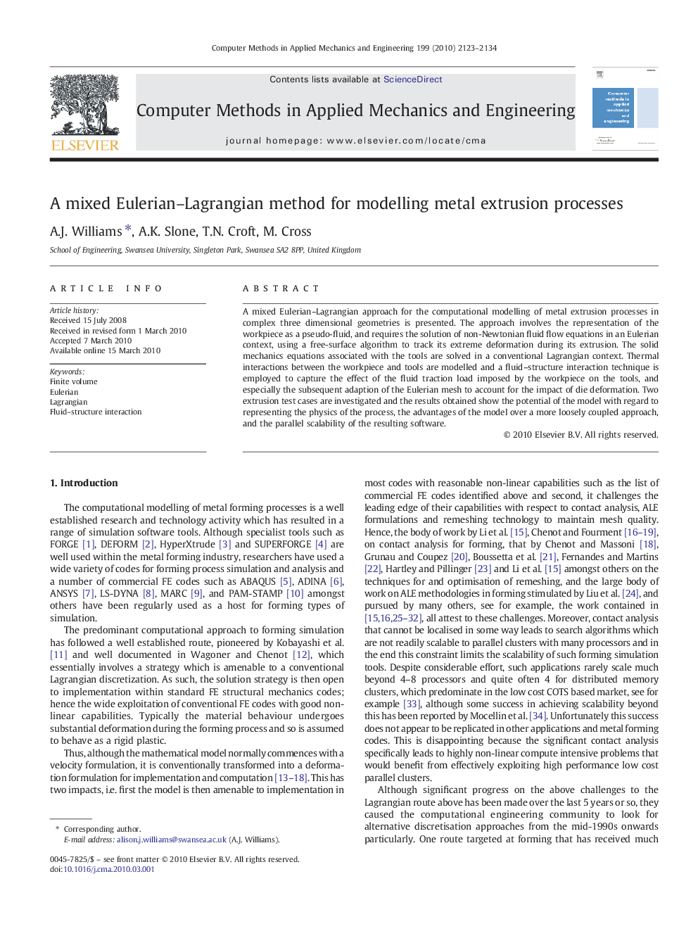 A mixed Eulerian–Lagrangian method for modelling metal extrusion processes