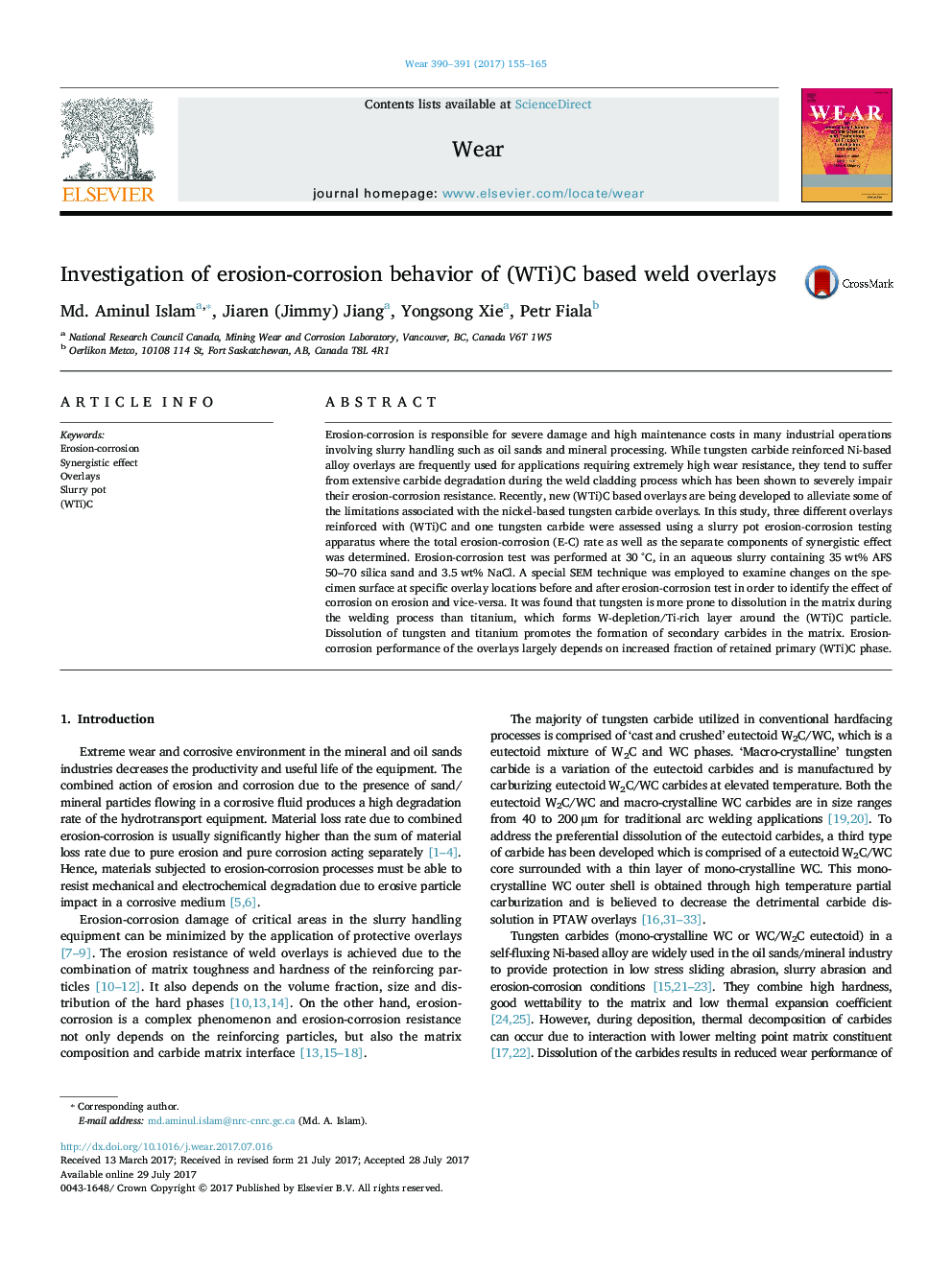 عکس صفحه اول مقاله: Investigation of erosion-corrosion behavior of (WTi)C based weld overlays Investigation of erosion-corrosion behavior of (WTi)C based weld overlays