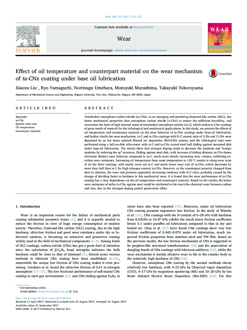 Effect of oil temperature and counterpart material on the wear mechanism of ta-CNx coating under base oil lubrication