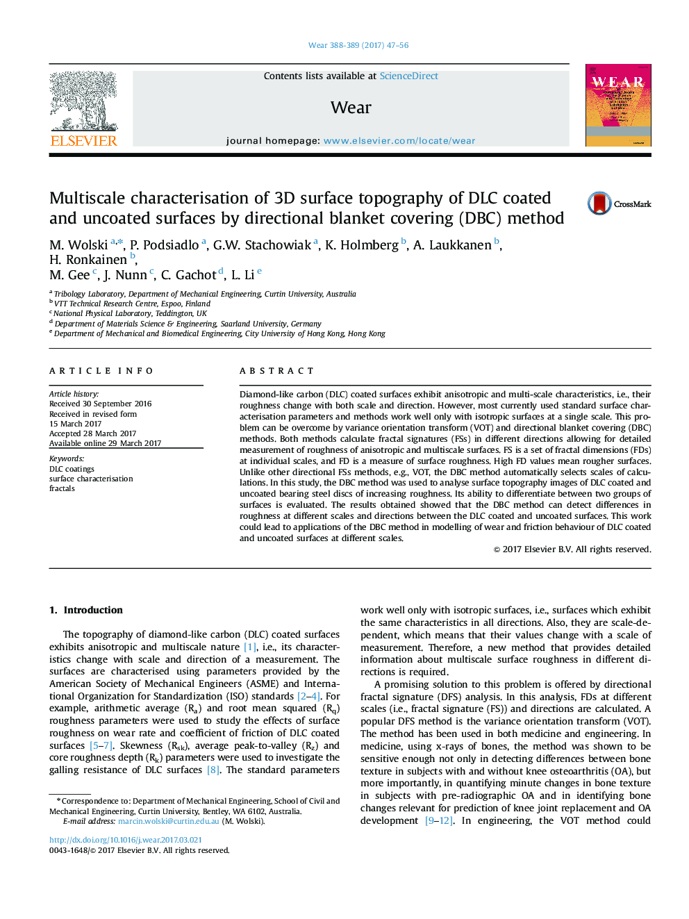 Multiscale characterisation of 3D surface topography of DLC coated and uncoated surfaces by directional blanket covering (DBC) method