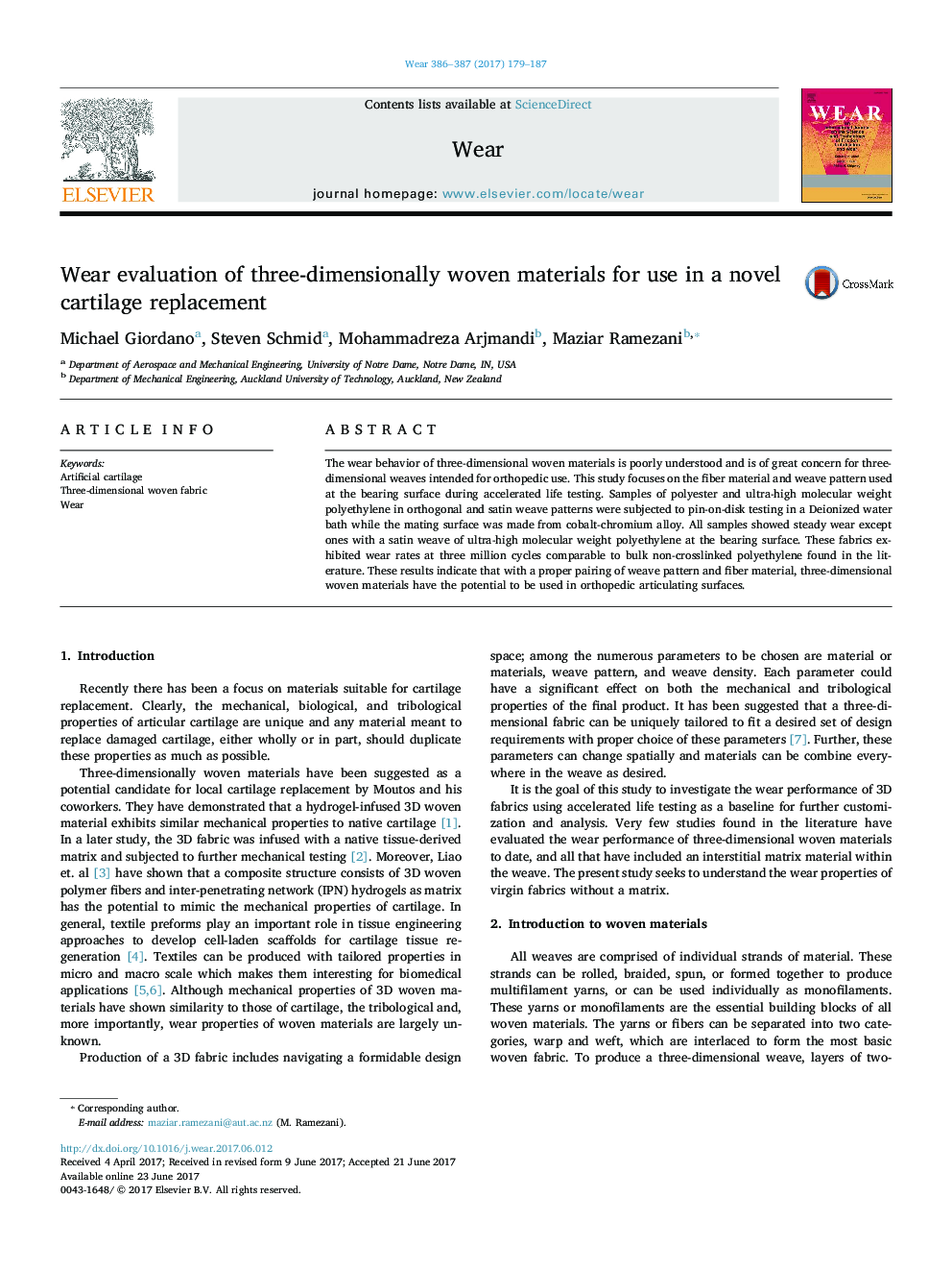 Wear evaluation of three-dimensionally woven materials for use in a novel cartilage replacement