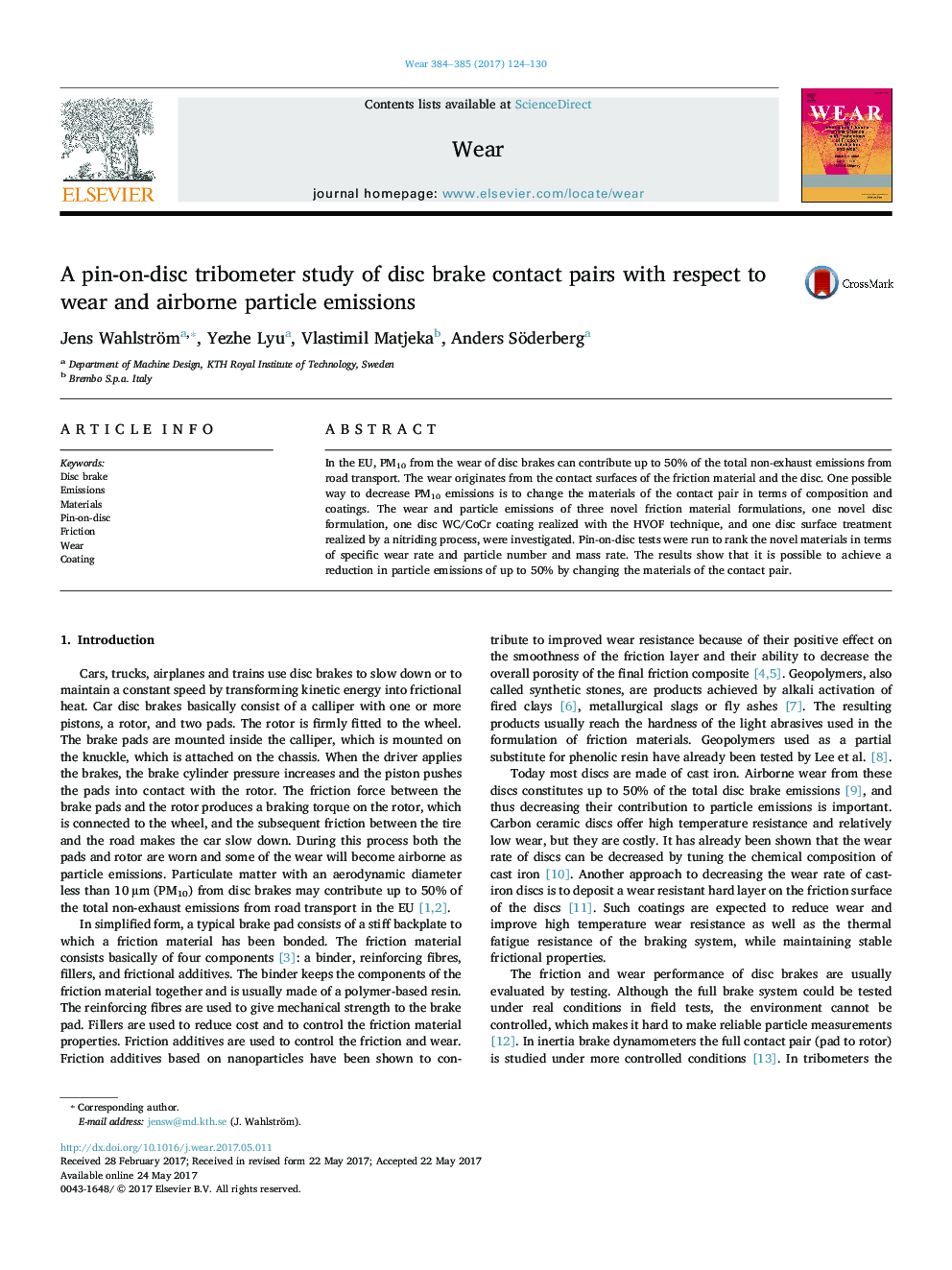 A pin-on-disc tribometer study of disc brake contact pairs with respect to wear and airborne particle emissions