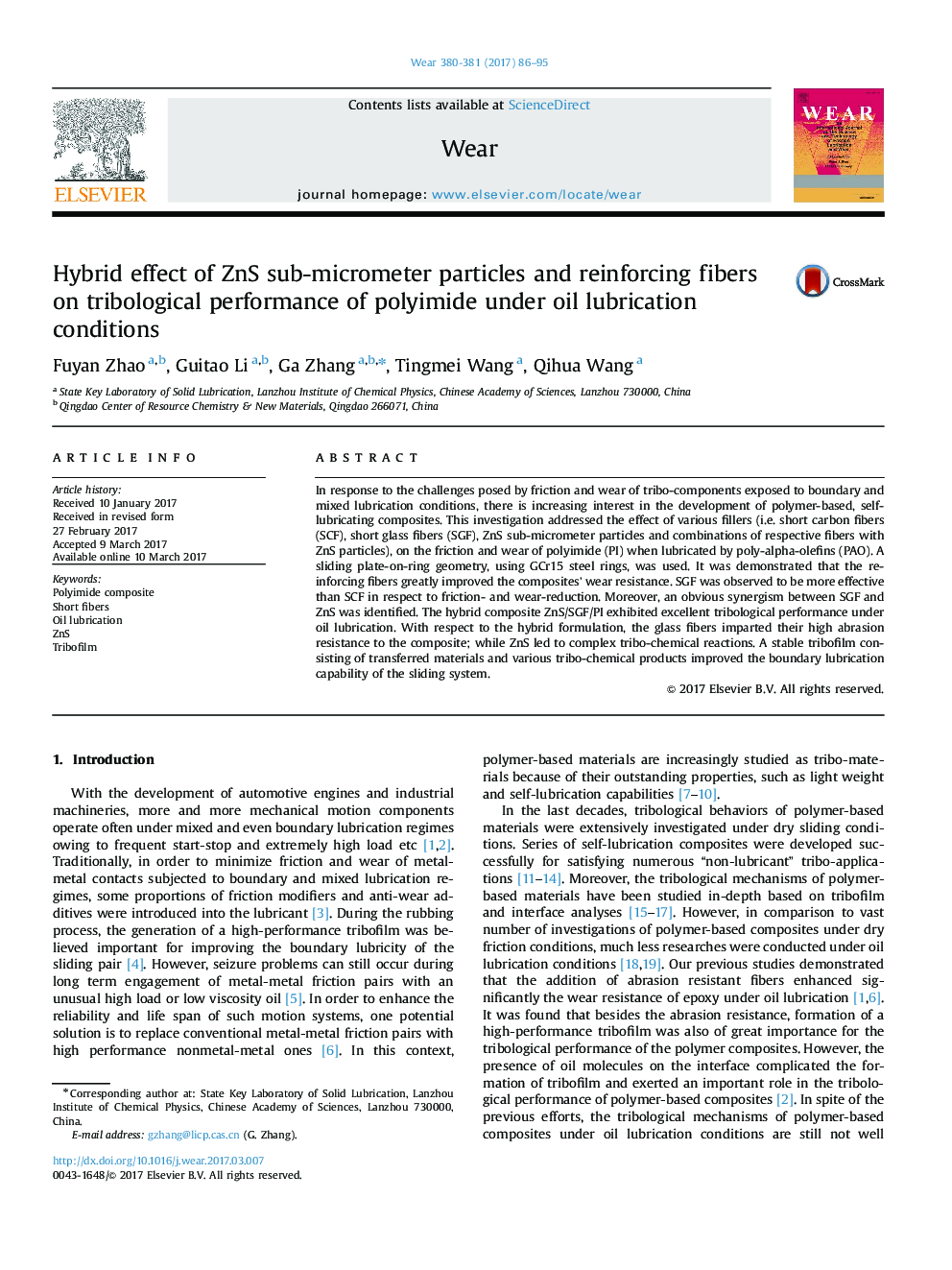 Hybrid effect of ZnS sub-micrometer particles and reinforcing fibers on tribological performance of polyimide under oil lubrication conditions