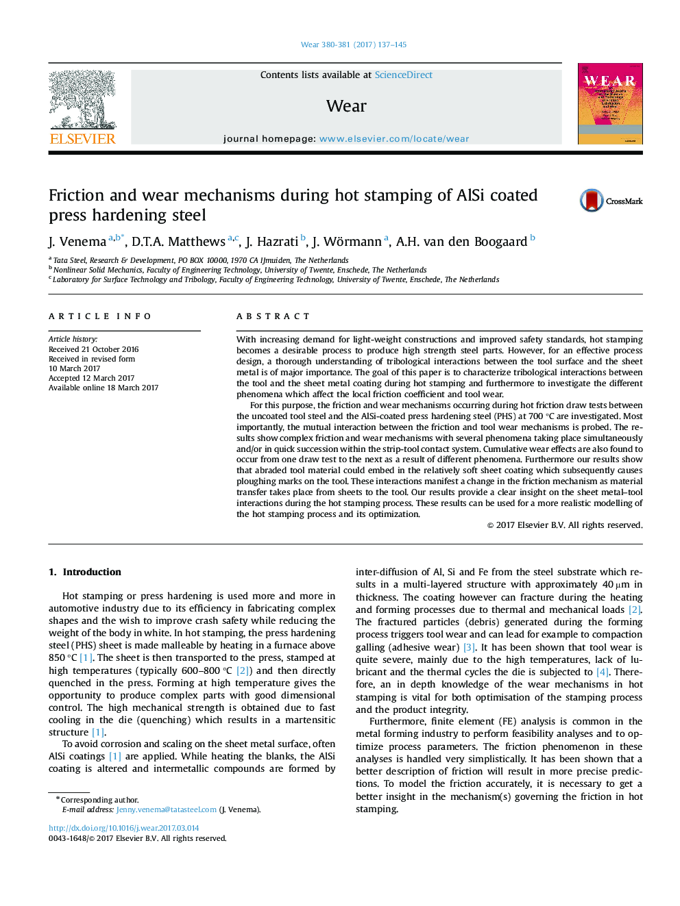 عکس صفحه اول مقاله: Friction and wear mechanisms during hot stamping of AlSi coated press hardening steel Friction and wear mechanisms during hot stamping of AlSi coated press hardening steel