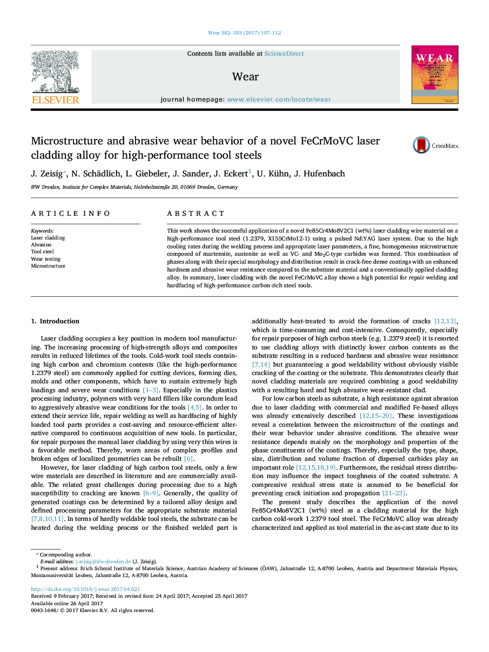 Microstructure and abrasive wear behavior of a novel FeCrMoVC laser cladding alloy for high-performance tool steels