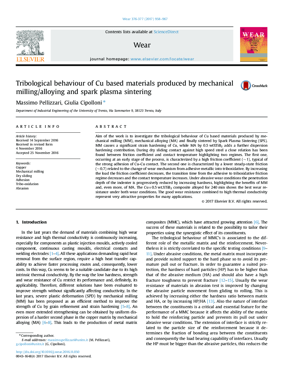 Tribological behaviour of Cu based materials produced by mechanical milling/alloying and spark plasma sintering