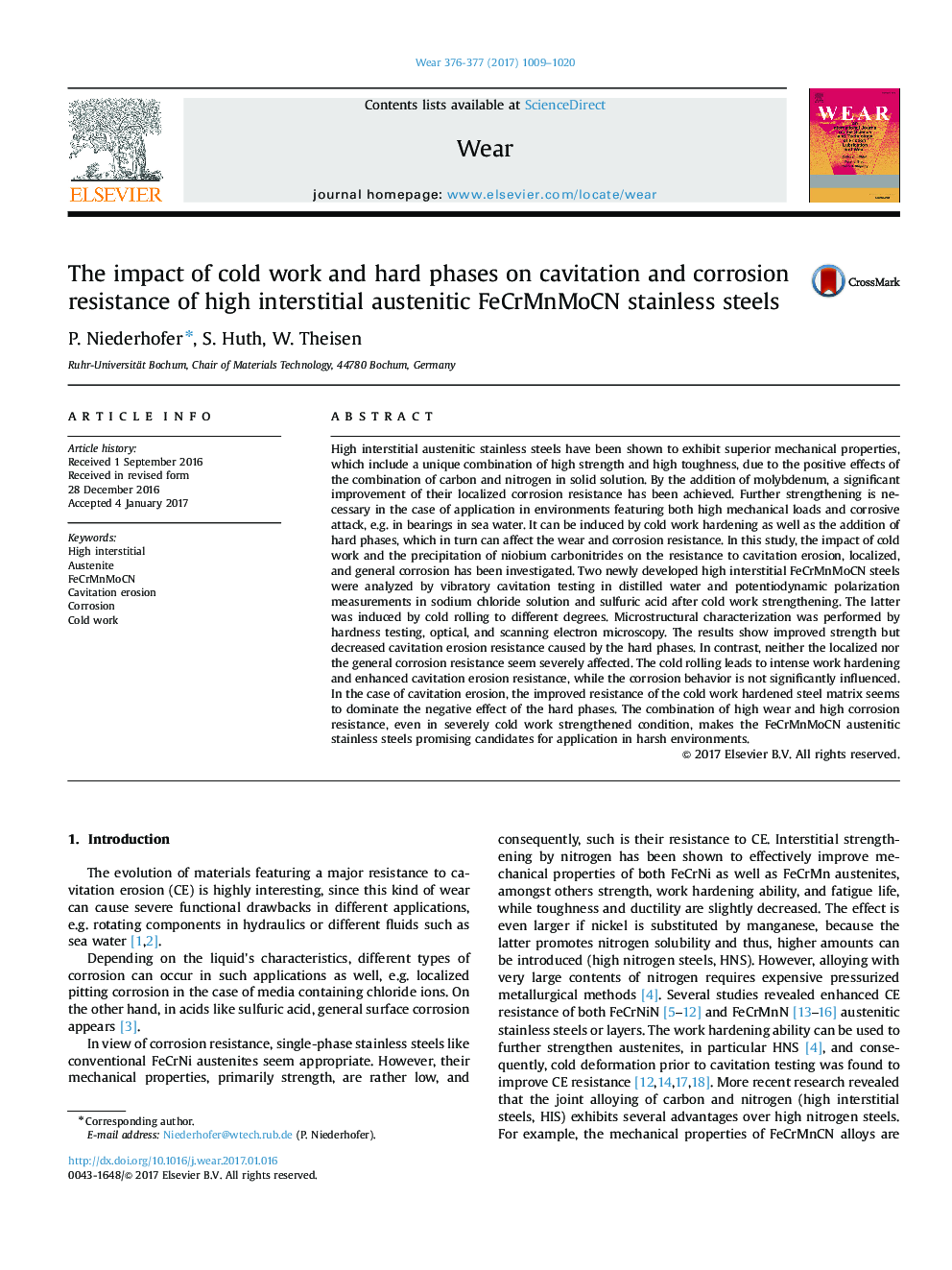 The impact of cold work and hard phases on cavitation and corrosion resistance of high interstitial austenitic FeCrMnMoCN stainless steels