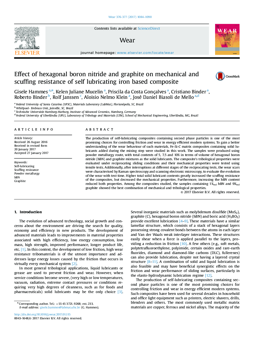 Effect of hexagonal boron nitride and graphite on mechanical and scuffing resistance of self lubricating iron based composite