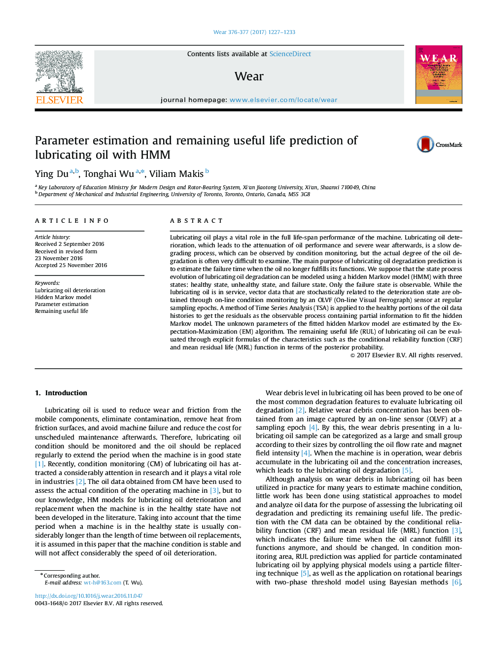 عکس صفحه اول مقاله: Parameter estimation and remaining useful life prediction of lubricating oil with HMM Parameter estimation and remaining useful life prediction of lubricating oil with HMM