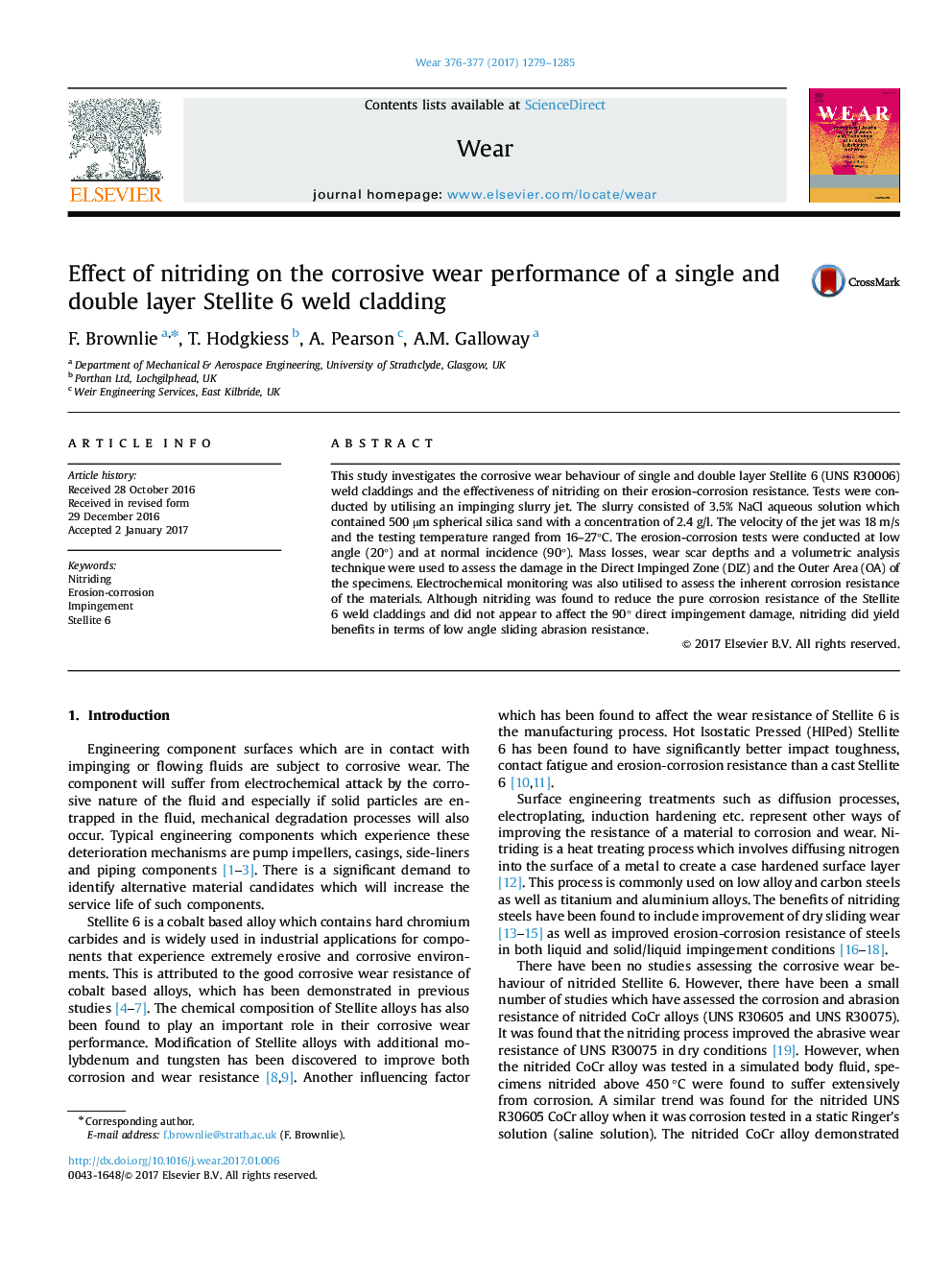 عکس صفحه اول مقاله: Effect of nitriding on the corrosive wear performance of a single and double layer Stellite 6 weld cladding Effect of nitriding on the corrosive wear performance of a single and double layer Stellite 6 weld cladding