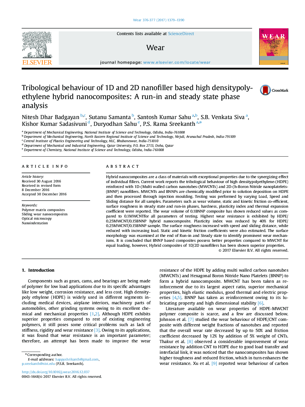 Tribological behaviour of 1D and 2D nanofiller based high densitypoly-ethylene hybrid nanocomposites: A run-in and steady state phase analysis