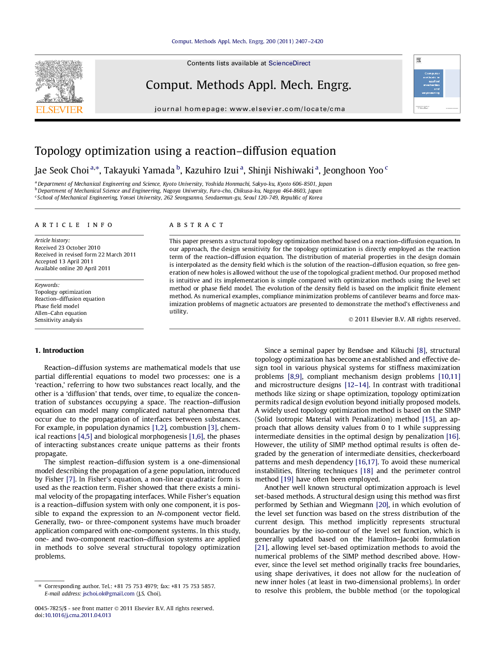 Topology optimization using a reaction–diffusion equation