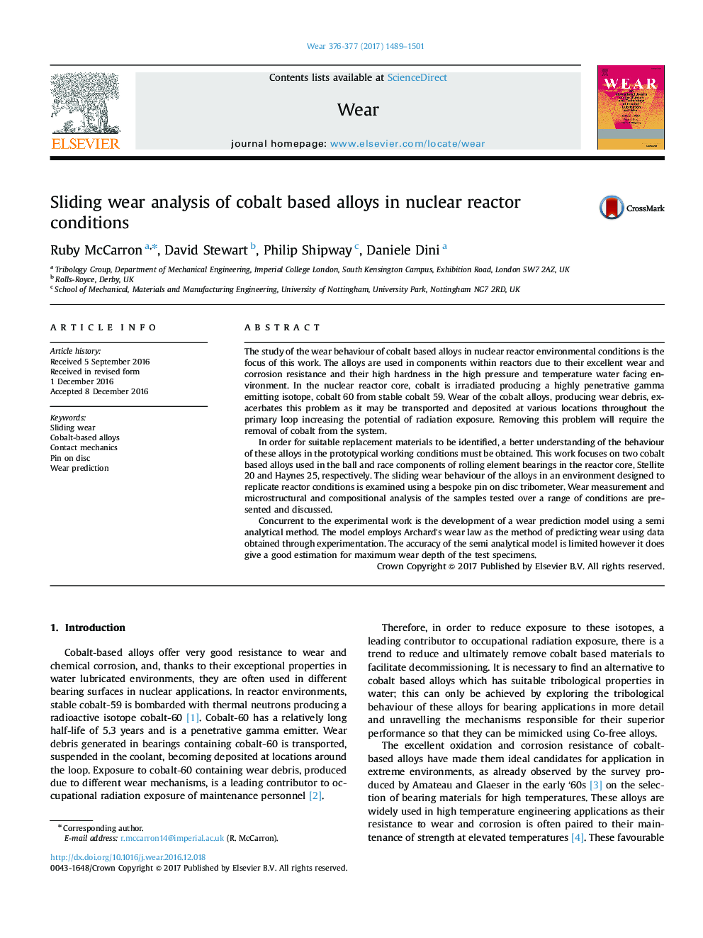 تجزیه و تحلیل پوششی کششی از آلیاژهای پایه کبالت در شرایط راکتور هسته ای 