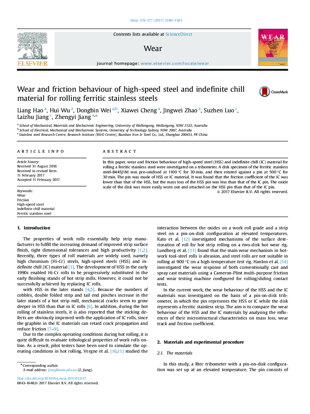 Wear and friction behaviour of high-speed steel and indefinite chill material for rolling ferritic stainless steels