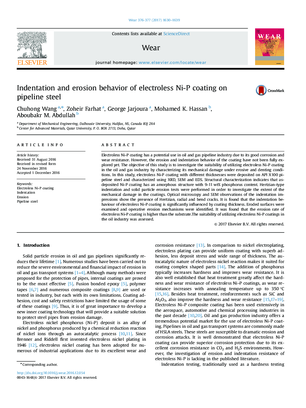 Indentation and erosion behavior of electroless Ni-P coating on pipeline steel