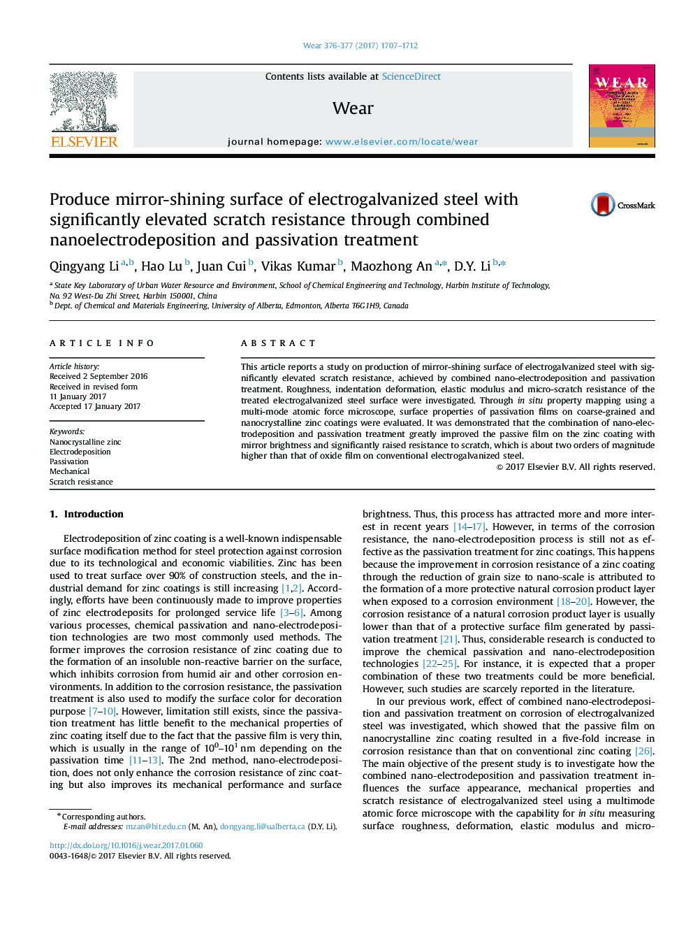 Produce mirror-shining surface of electrogalvanized steel with significantly elevated scratch resistance through combined nanoelectrodeposition and passivation treatment