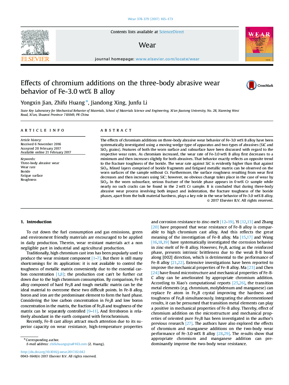 Effects of chromium additions on the three-body abrasive wear behavior of Fe-3.0Â wt% B alloy