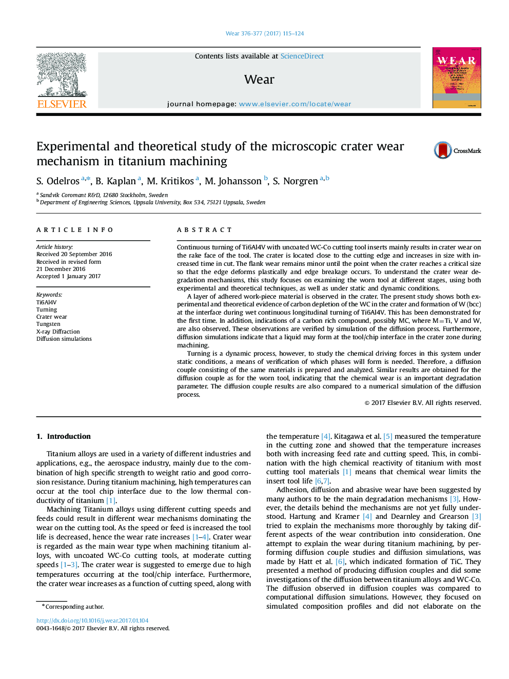 Experimental and theoretical study of the microscopic crater wear mechanism in titanium machining