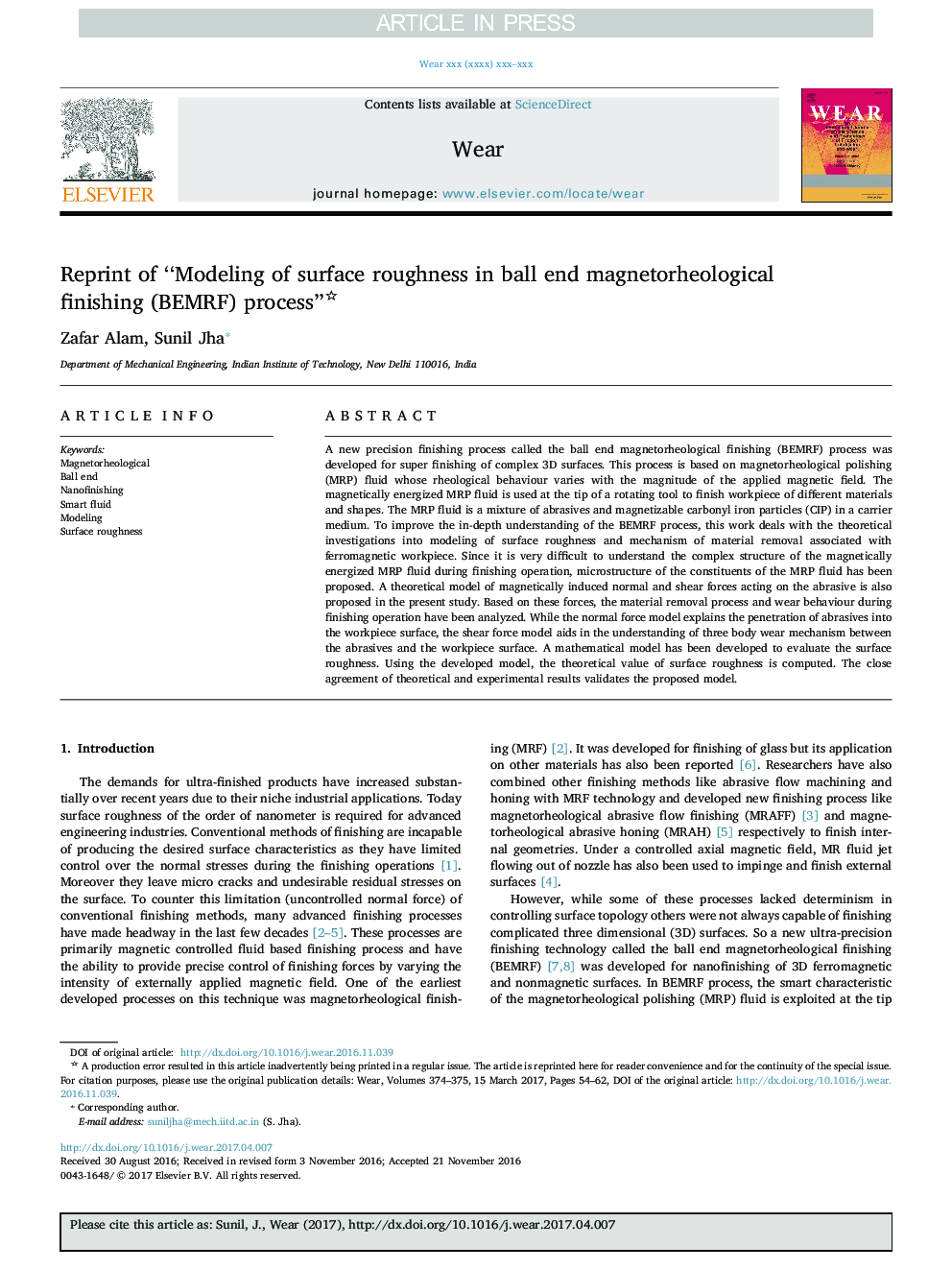 عکس صفحه اول مقاله: Reprint of ''Modeling of surface roughness in ball end magnetorheological finishing (BEMRF) process'' Reprint of ''Modeling of surface roughness in ball end magnetorheological finishing (BEMRF) process''