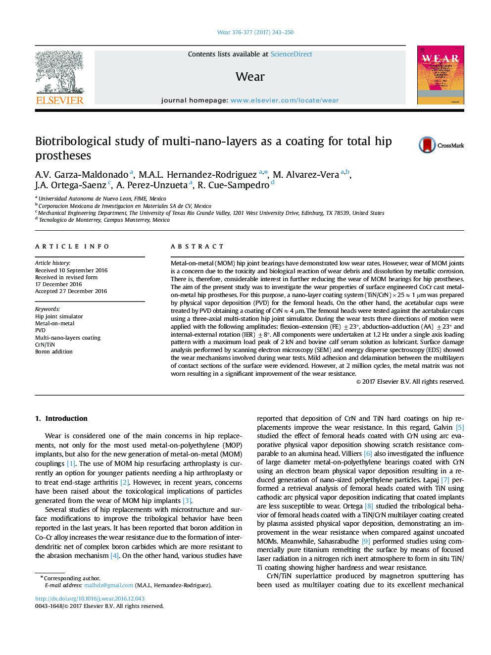 Biotribological study of multi-nano-layers as a coating for total hip prostheses