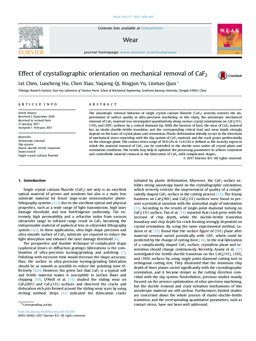 Effect of crystallographic orientation on mechanical removal of CaF2