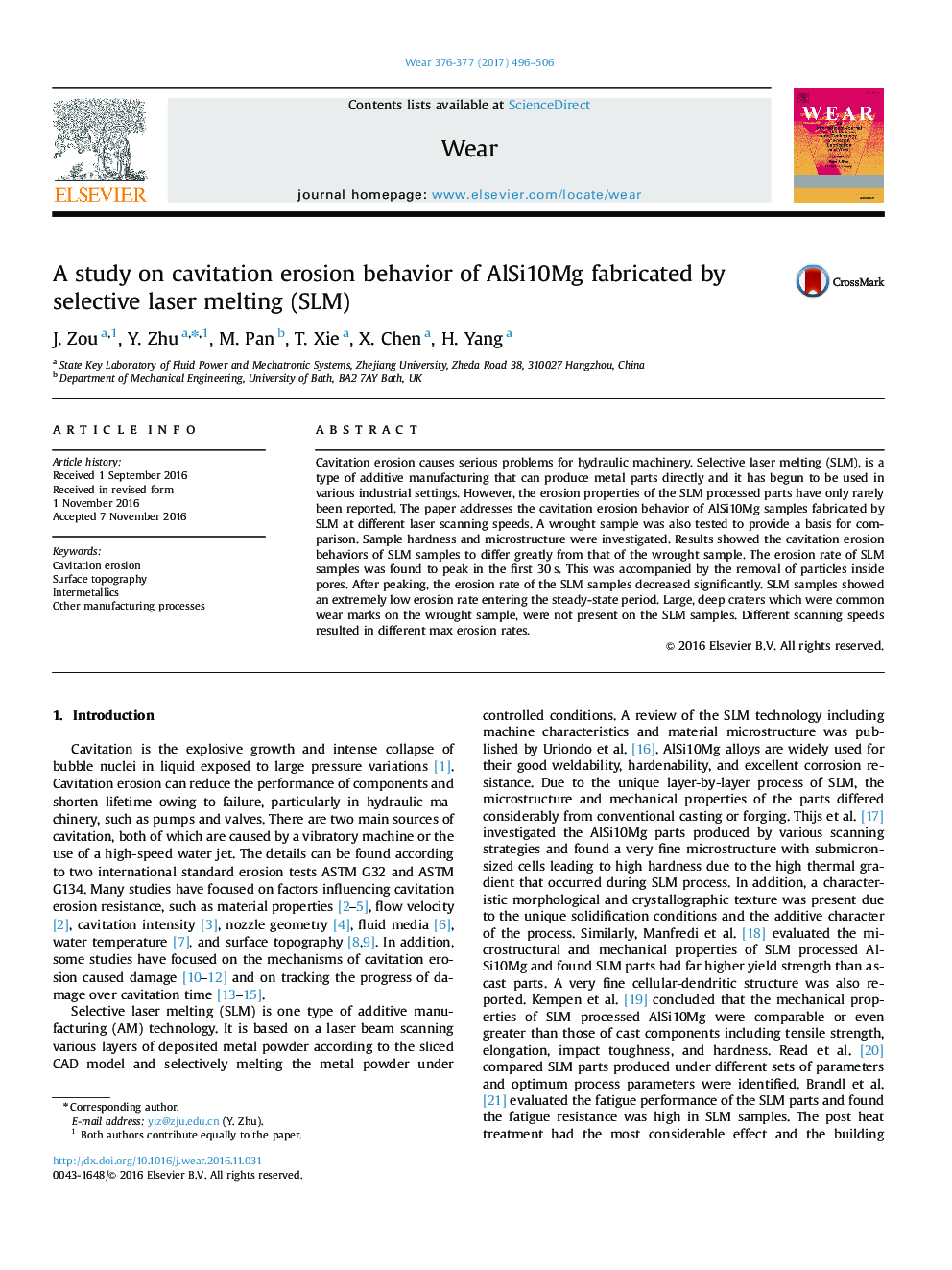 A study on cavitation erosion behavior of AlSi10Mg fabricated by selective laser melting (SLM)