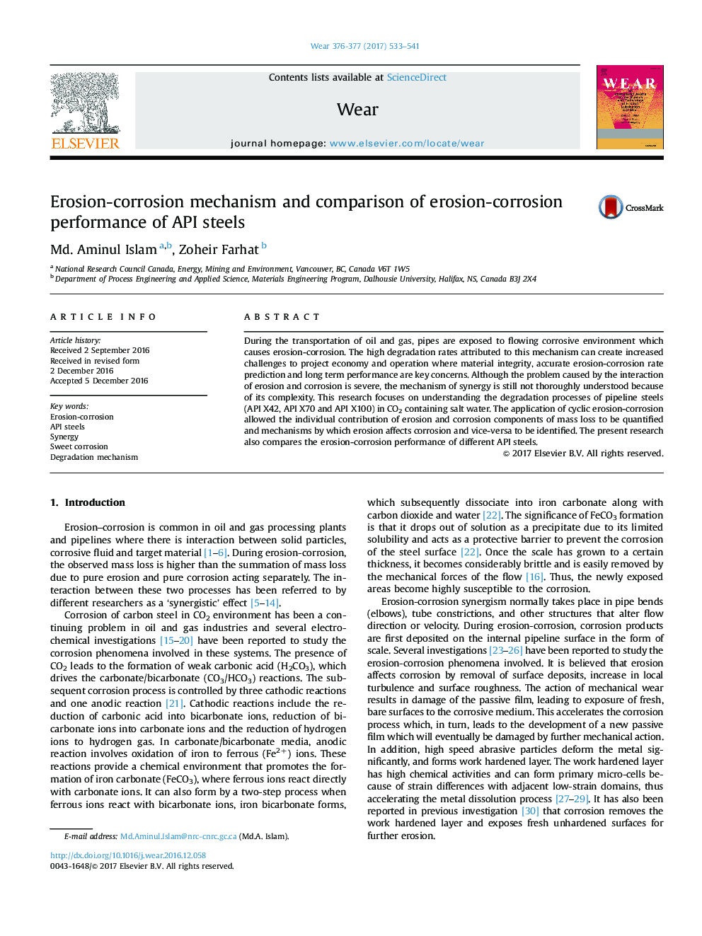 عکس صفحه اول مقاله: Erosion-corrosion mechanism and comparison of erosion-corrosion performance of API steels Erosion-corrosion mechanism and comparison of erosion-corrosion performance of API steels
