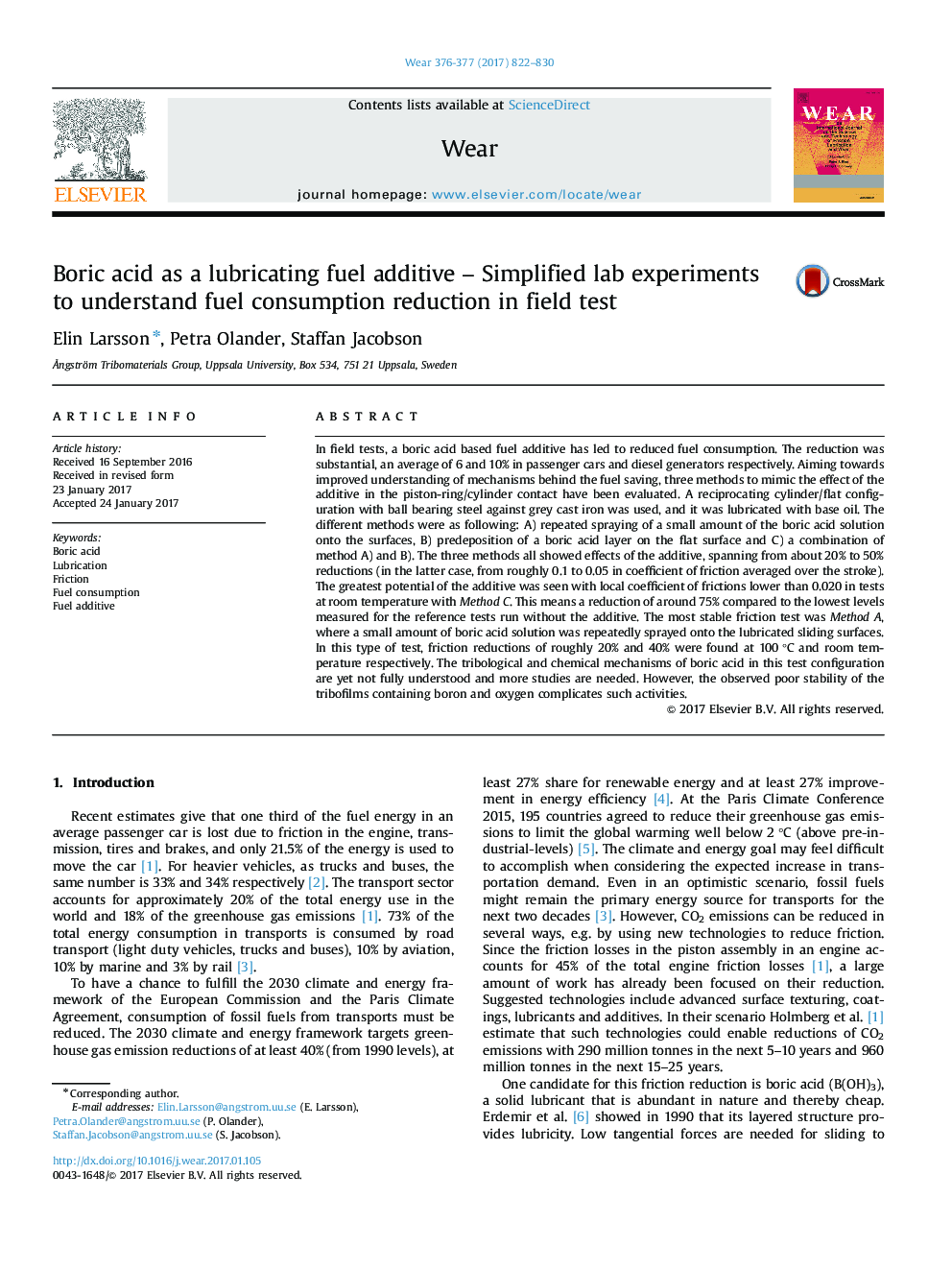Boric acid as a lubricating fuel additive - Simplified lab experiments to understand fuel consumption reduction in field test