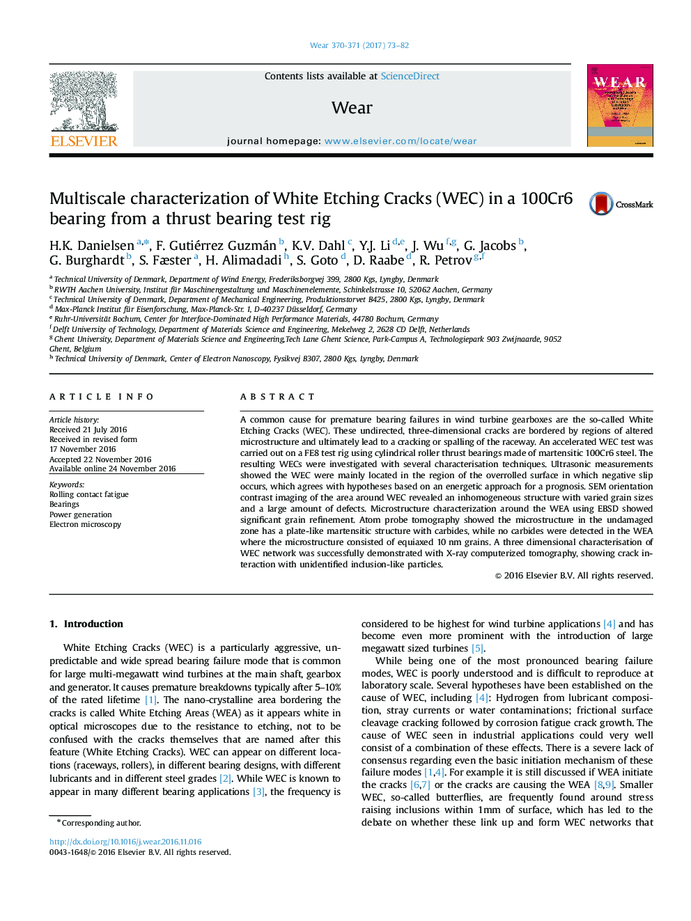 Multiscale characterization of White Etching Cracks (WEC) in a 100Cr6 bearing from a thrust bearing test rig