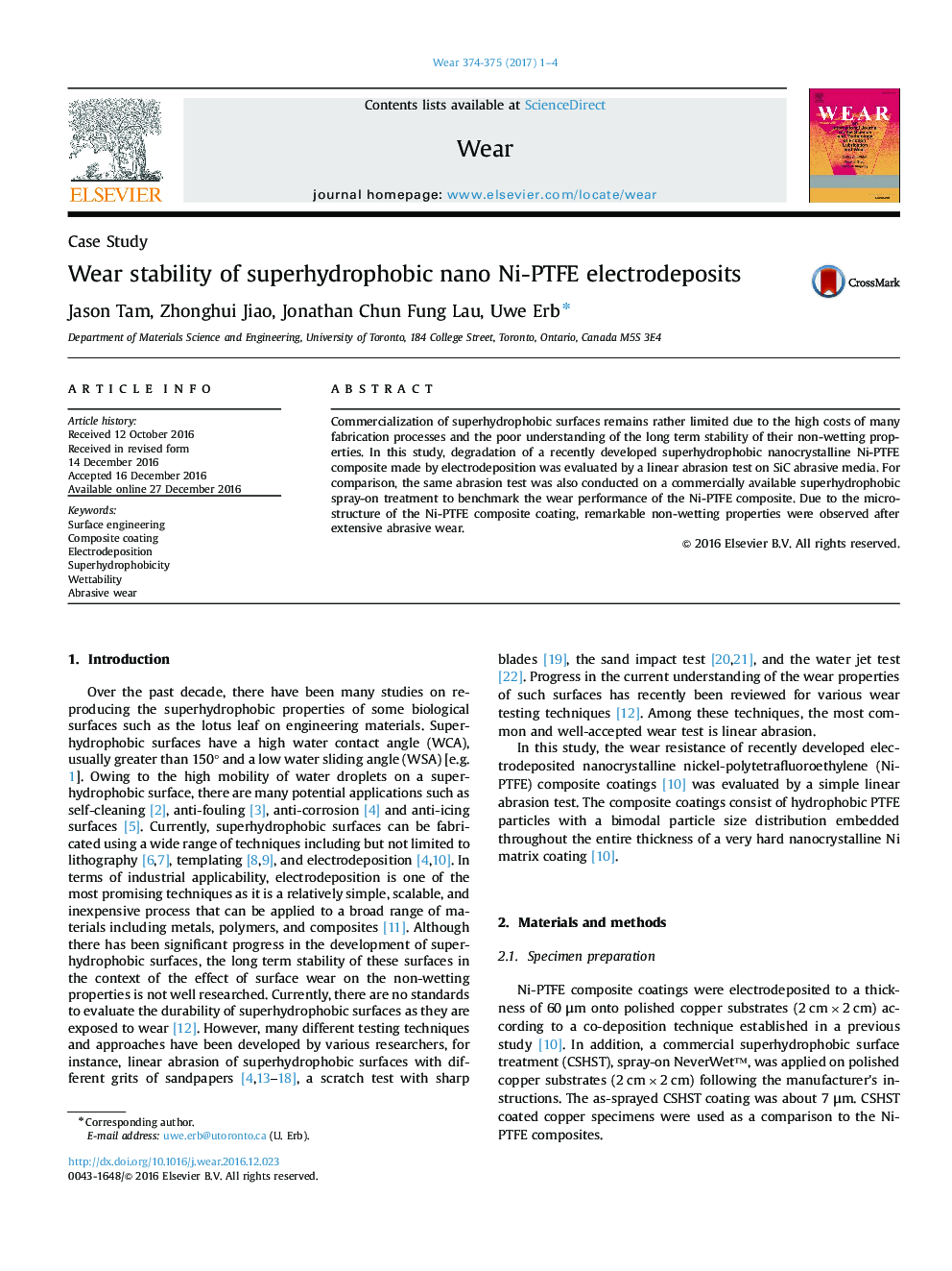 Wear stability of superhydrophobic nano Ni-PTFE electrodeposits