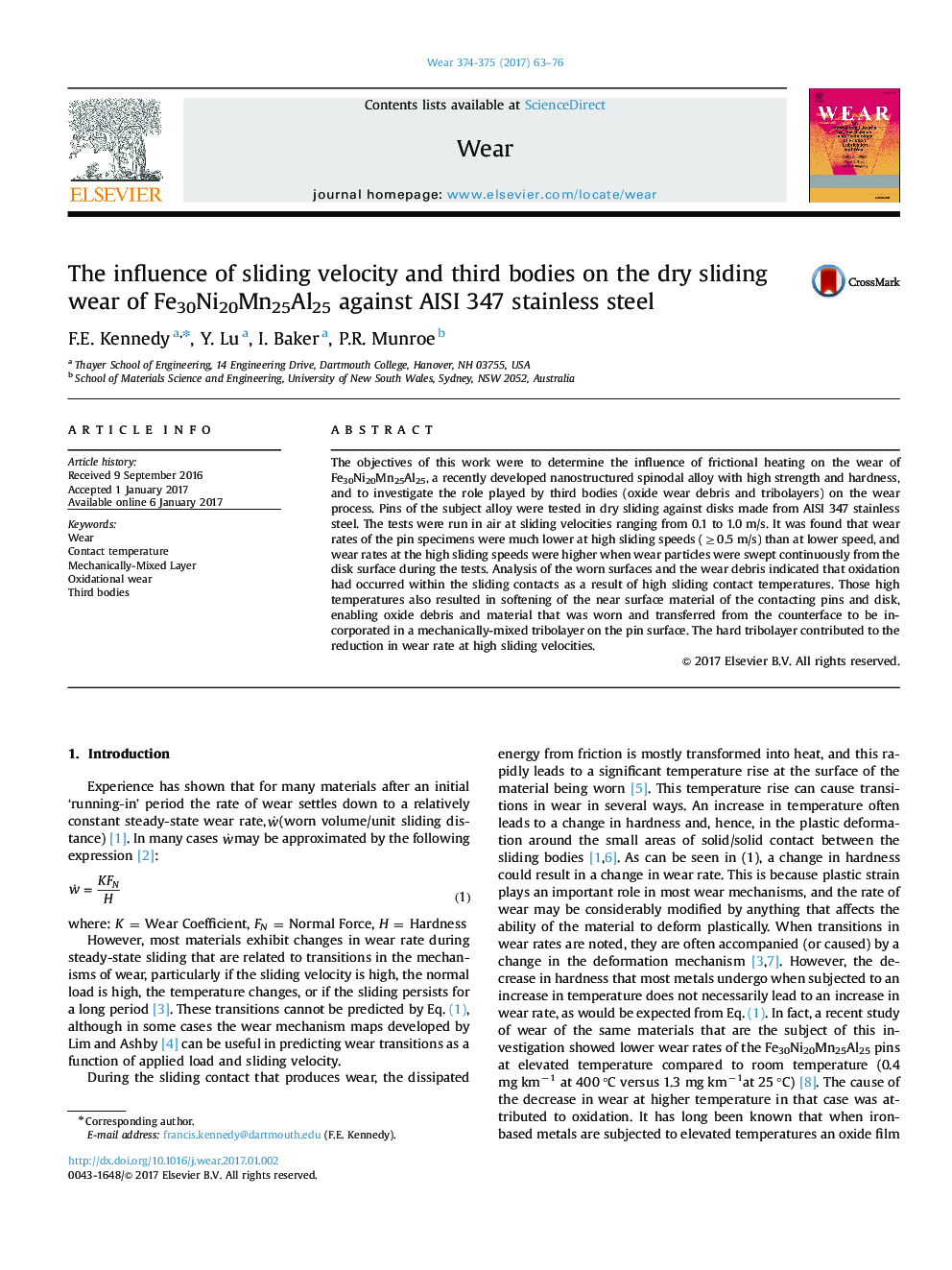 The influence of sliding velocity and third bodies on the dry sliding wear of Fe30Ni20Mn25Al25 against AISI 347 stainless steel