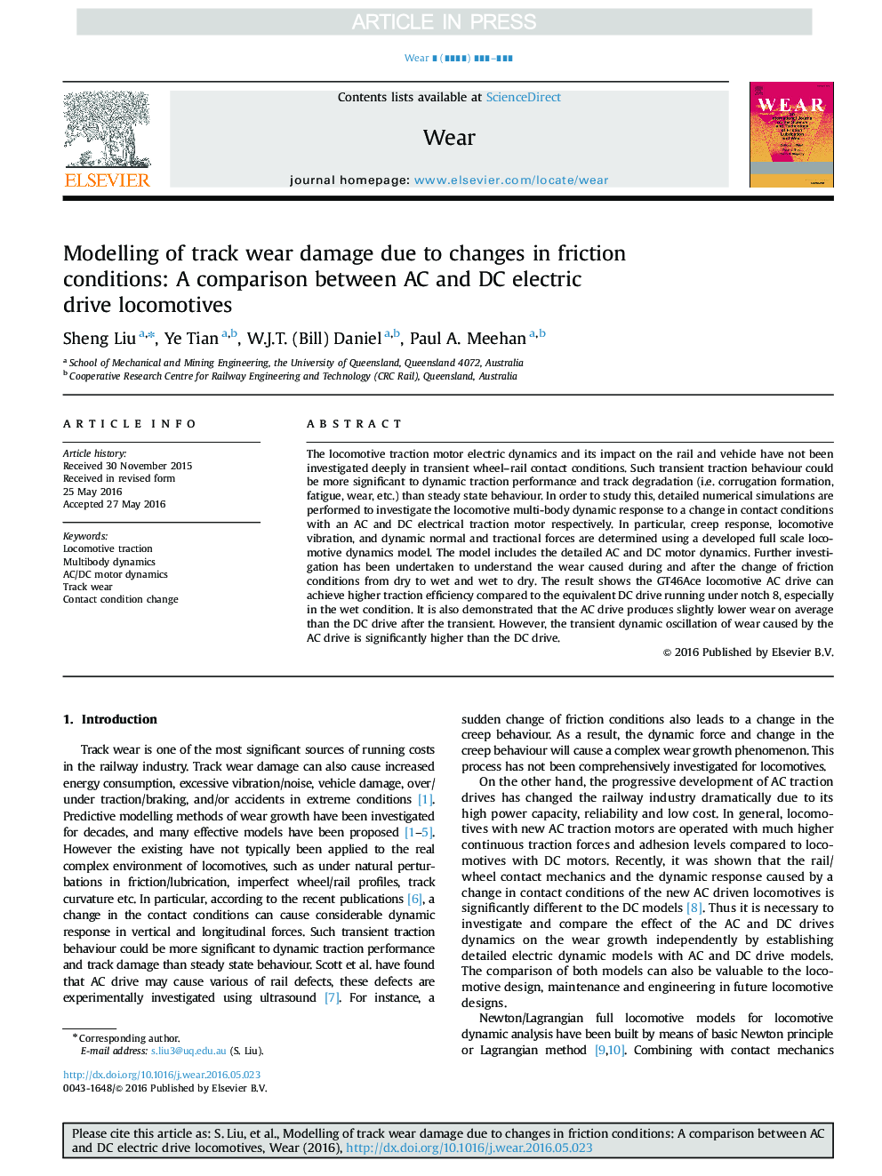 Modelling of track wear damage due to changes in friction conditions: A comparison between AC and DC electric drive locomotives