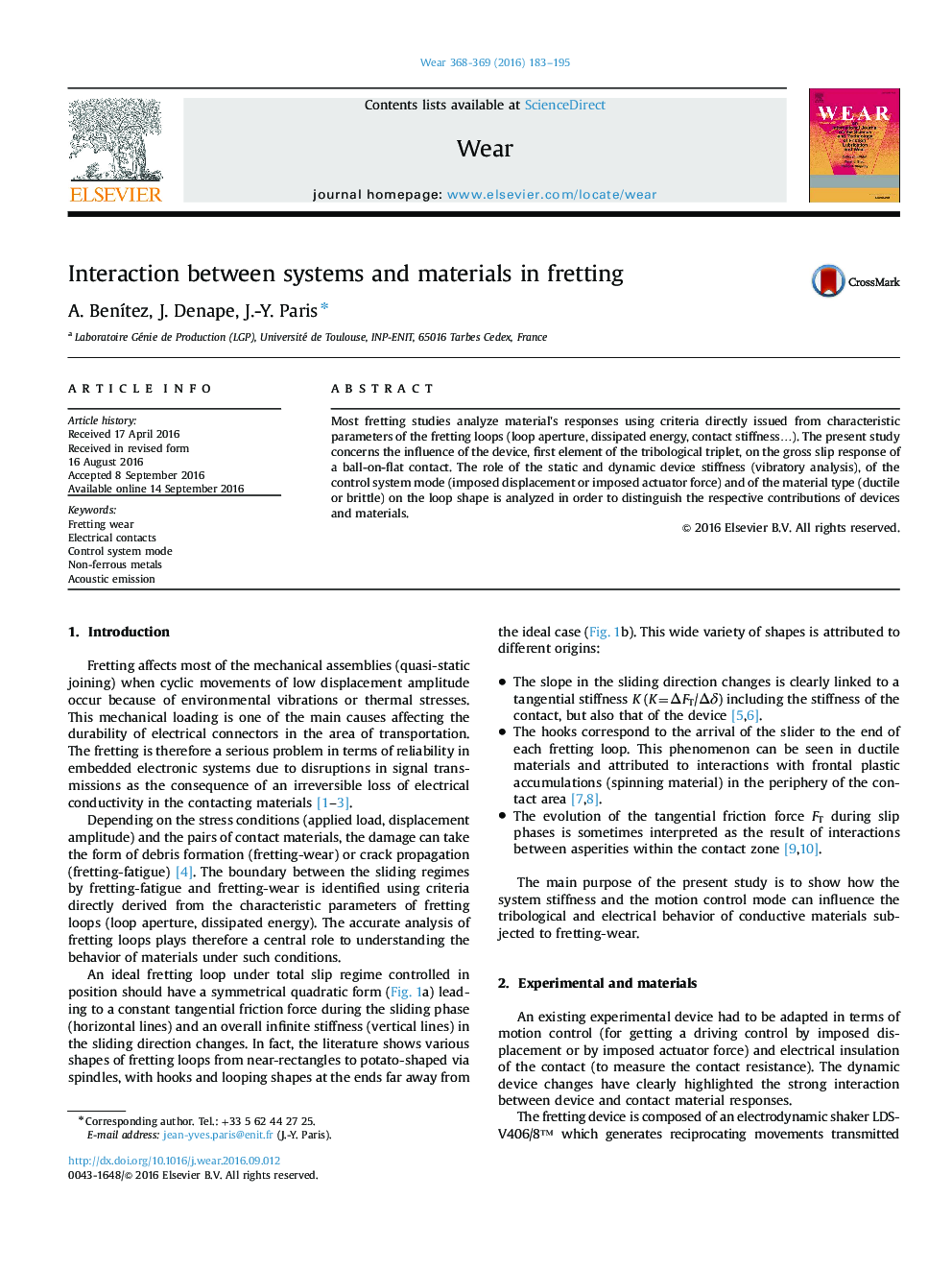 Interaction between systems and materials in fretting