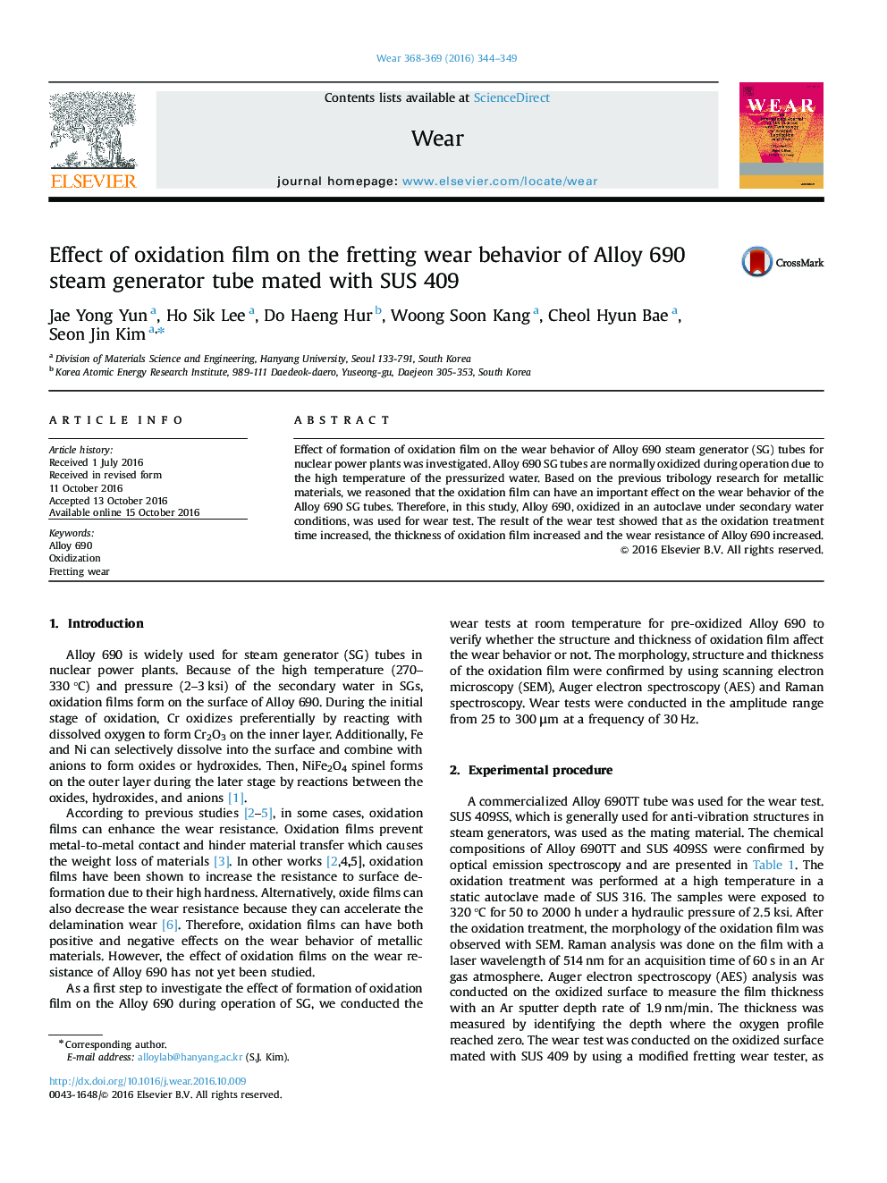 Effect of oxidation film on the fretting wear behavior of Alloy 690 steam generator tube mated with SUS 409