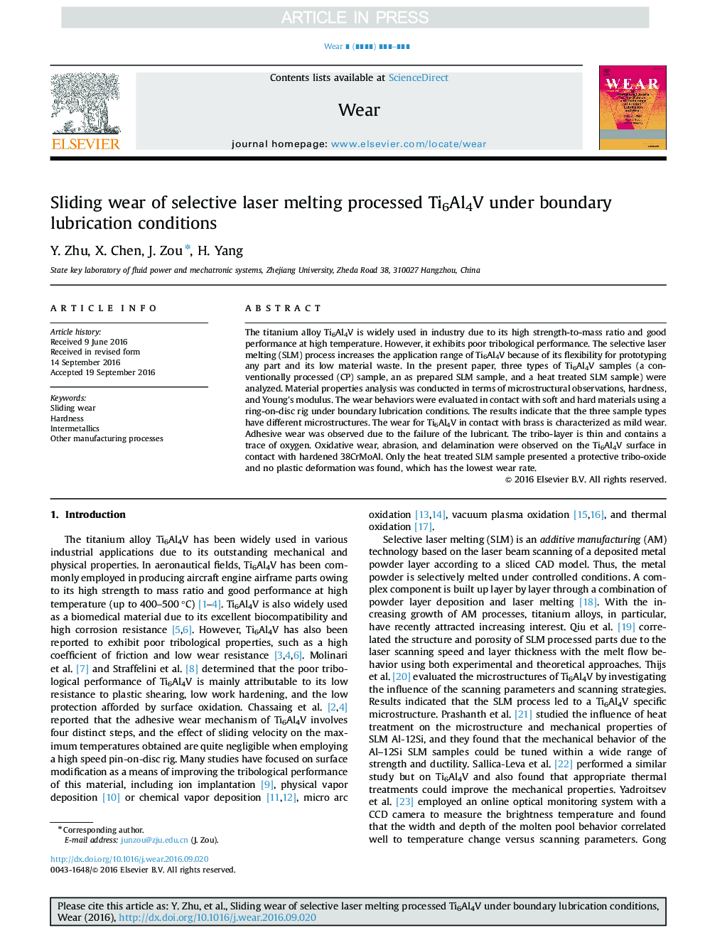 Sliding wear of selective laser melting processed Ti6Al4V under boundary lubrication conditions