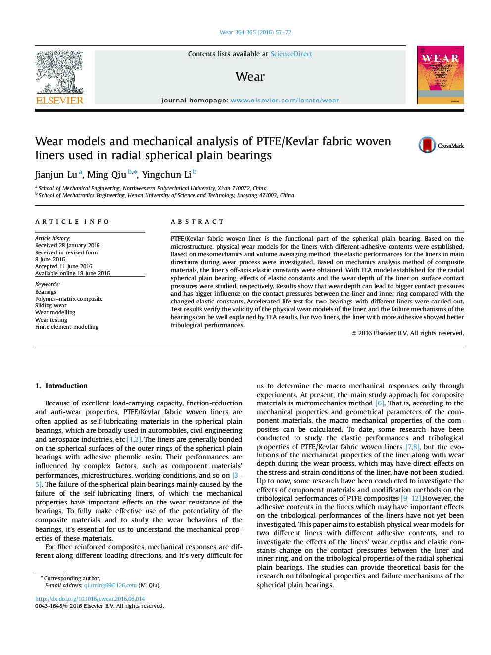 Wear models and mechanical analysis of PTFE/Kevlar fabric woven liners used in radial spherical plain bearings