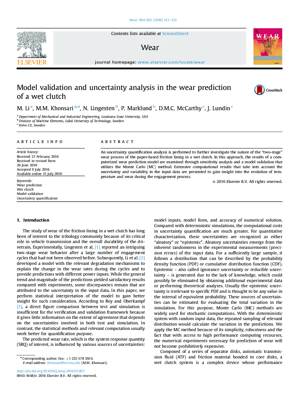 Model validation and uncertainty analysis in the wear prediction of a wet clutch