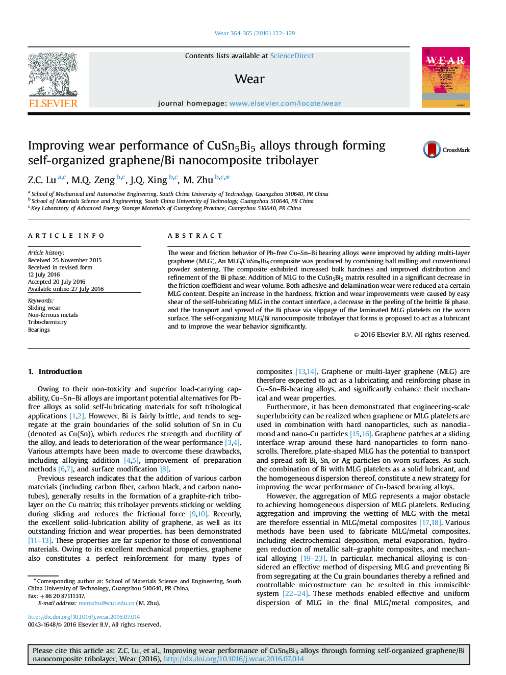 Improving wear performance of CuSn5Bi5 alloys through forming self-organized graphene/Bi nanocomposite tribolayer