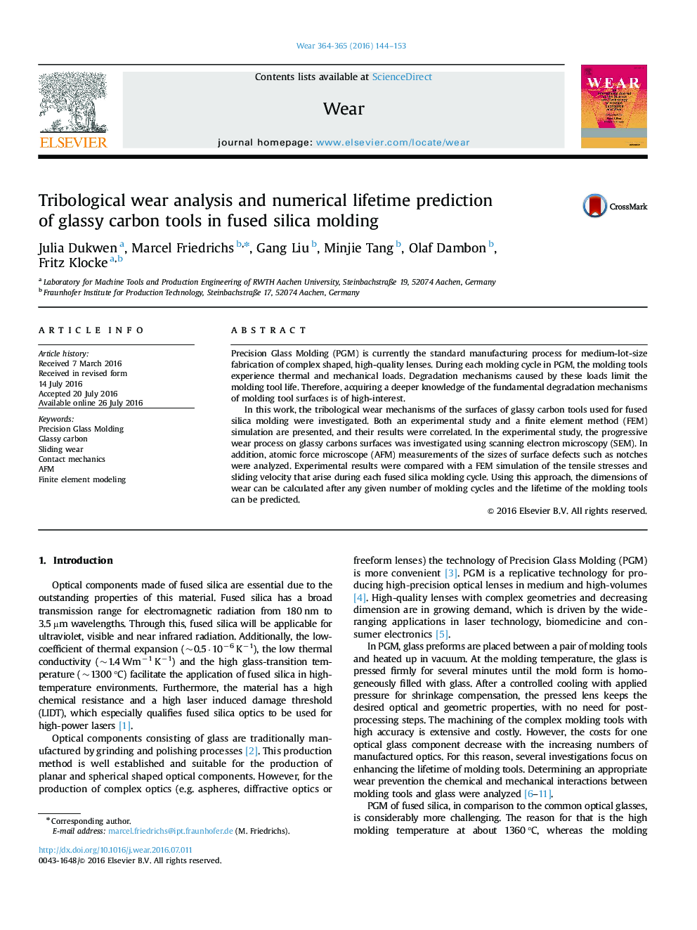 Tribological wear analysis and numerical lifetime prediction of glassy carbon tools in fused silica molding