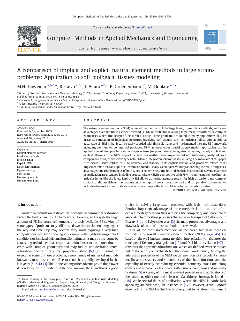 A comparison of implicit and explicit natural element methods in large strains problems: Application to soft biological tissues modeling