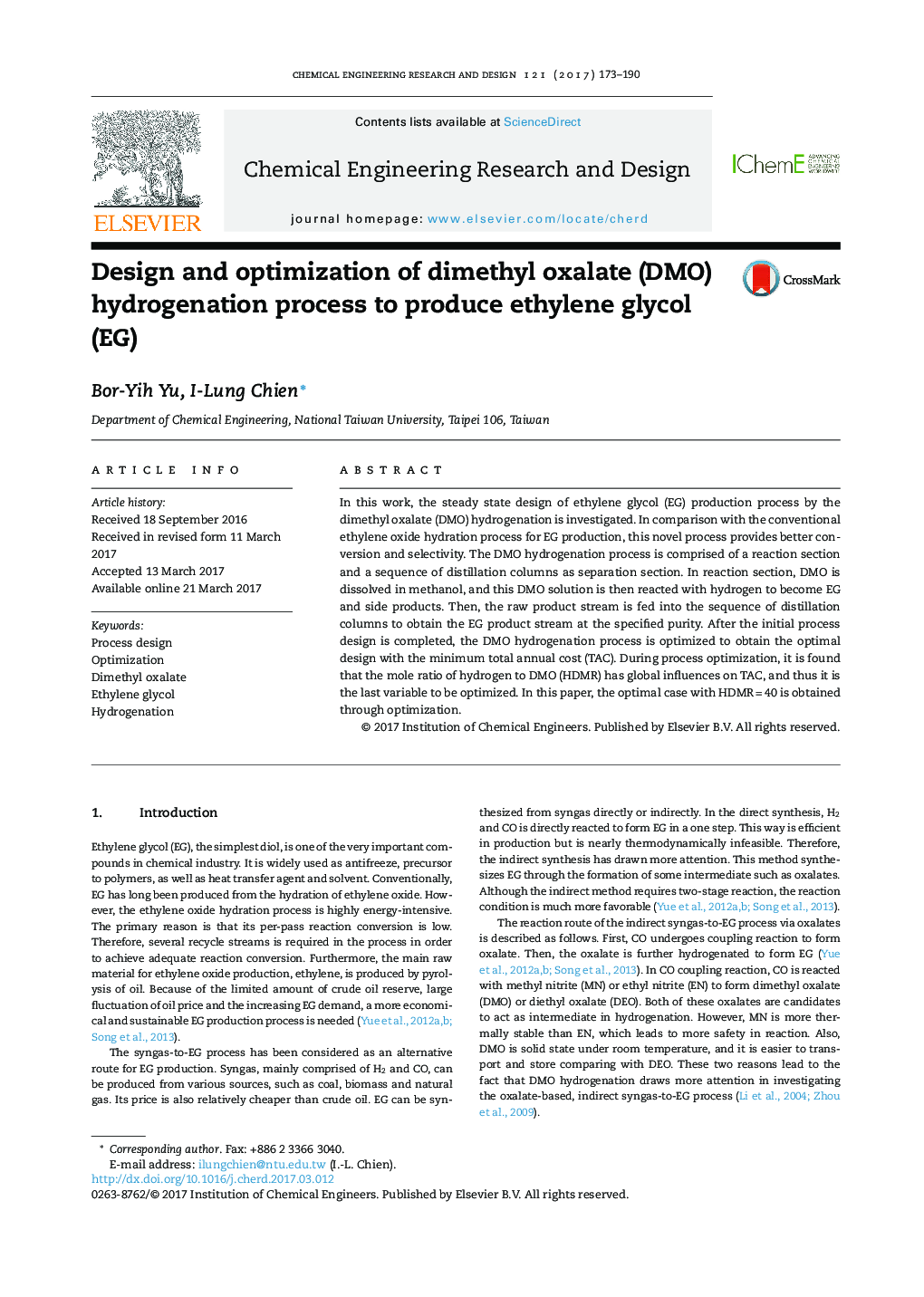 Design and optimization of dimethyl oxalate (DMO) hydrogenation process to produce ethylene glycol (EG)