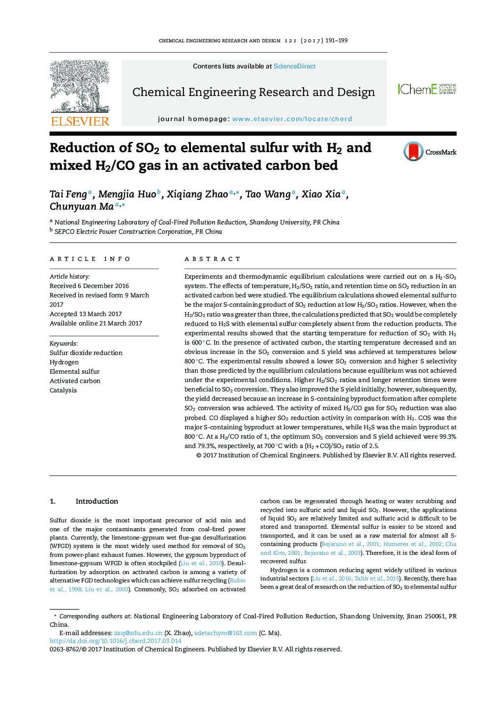 Reduction of SO2 to elemental sulfur with H2 and mixed H2/CO gas in an activated carbon bed