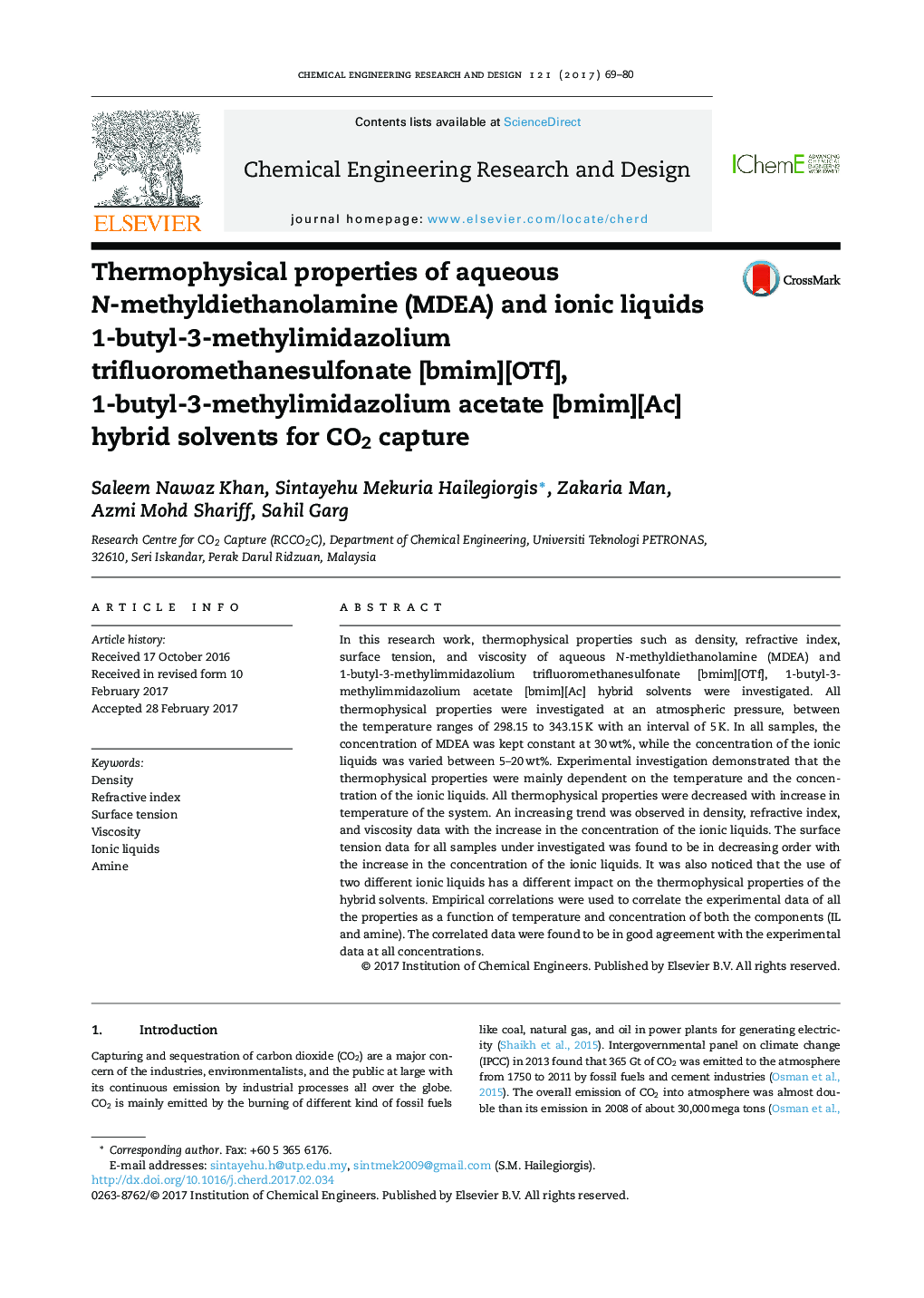 Thermophysical properties of aqueous N-methyldiethanolamine (MDEA) and ionic liquids 1-butyl-3-methylimidazolium trifluoromethanesulfonate [bmim][OTf], 1-butyl-3-methylimidazolium acetate [bmim][Ac] hybrid solvents for CO2 capture