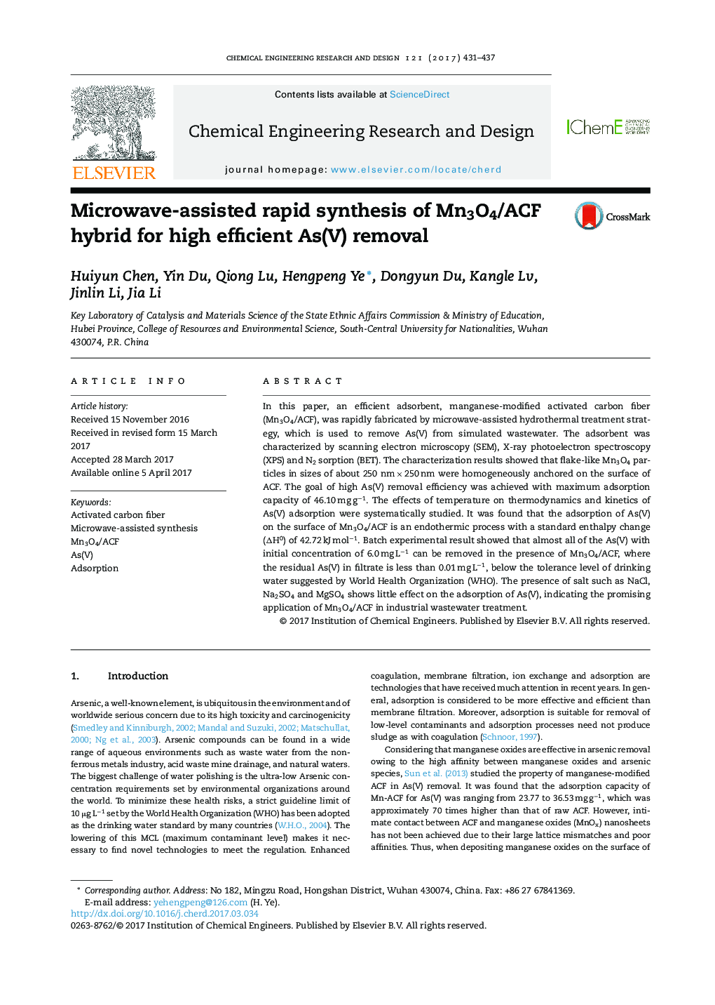 عکس صفحه اول مقاله: Microwave-assisted rapid synthesis of Mn3O4/ACF hybrid for high efficient As(V) removal Microwave-assisted rapid synthesis of Mn3O4/ACF hybrid for high efficient As(V) removal