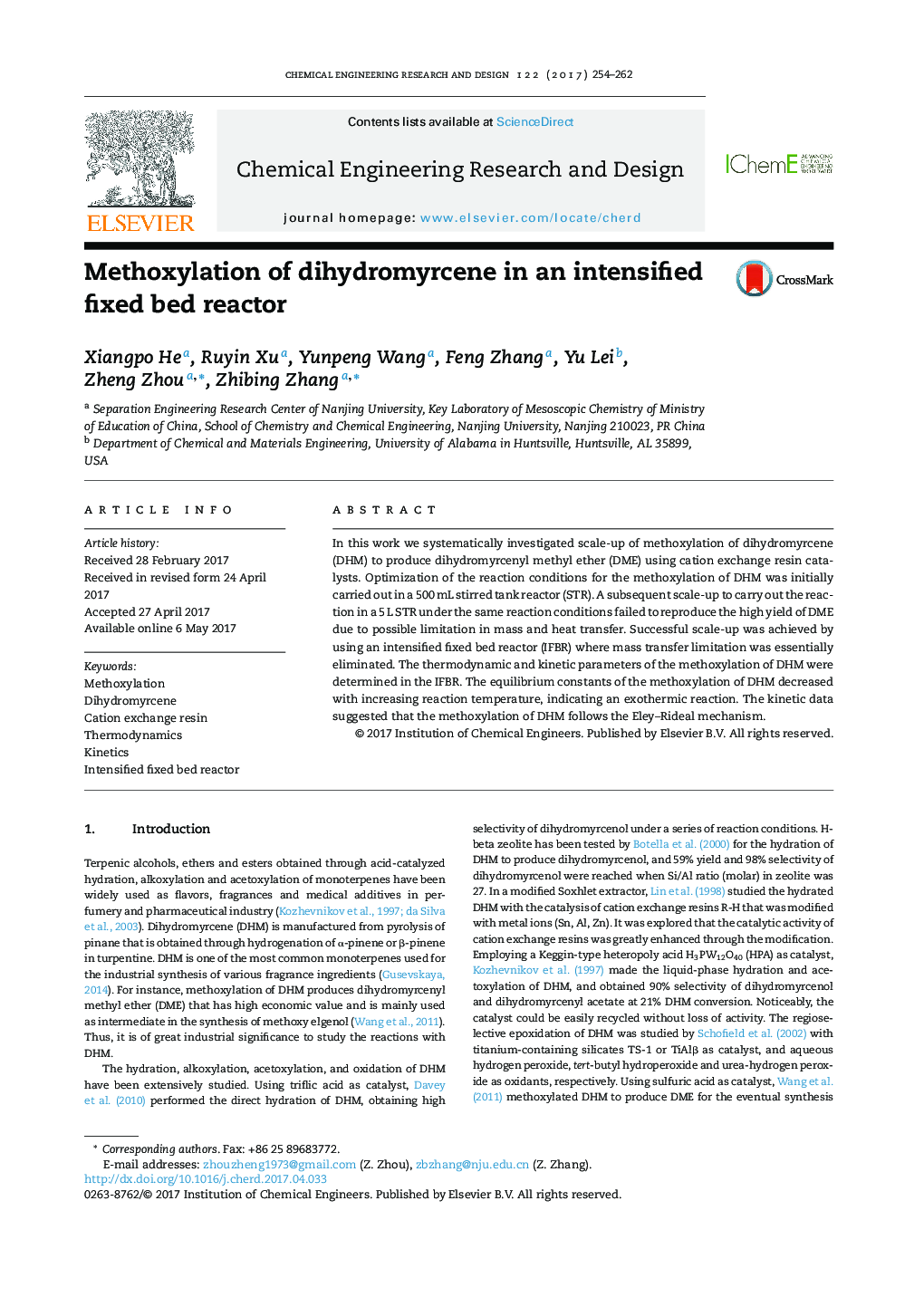 Methoxylation of dihydromyrcene in an intensified fixed bed reactor