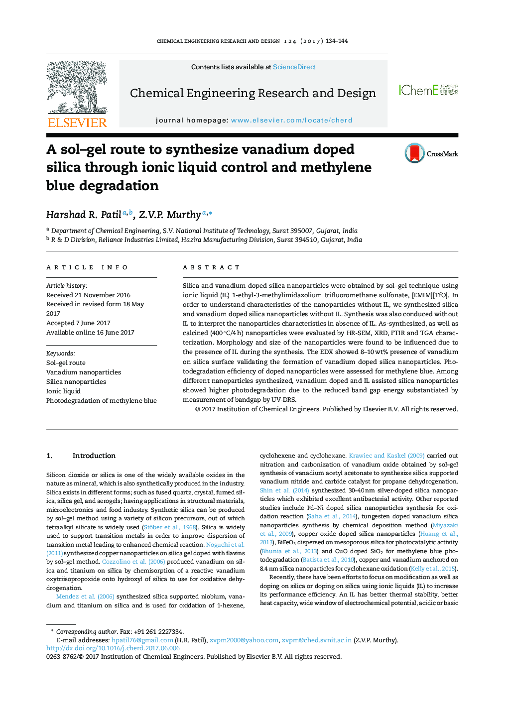 A sol-gel route to synthesize vanadium doped silica through ionic liquid control and methylene blue degradation