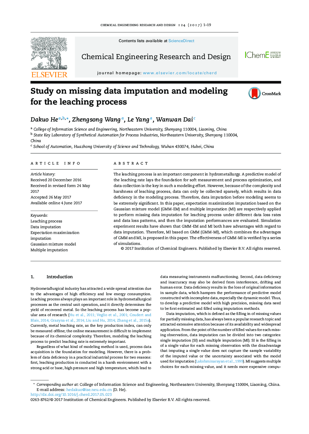 Study on missing data imputation and modeling for the leaching process