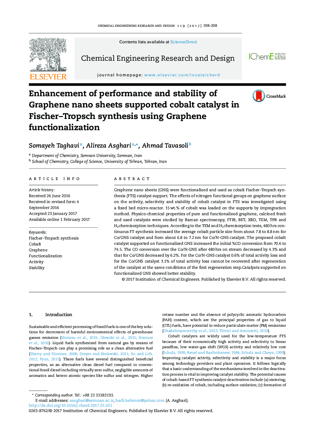 Enhancement of performance and stability of Graphene nano sheets supported cobalt catalyst in Fischer-Tropsch synthesis using Graphene functionalization